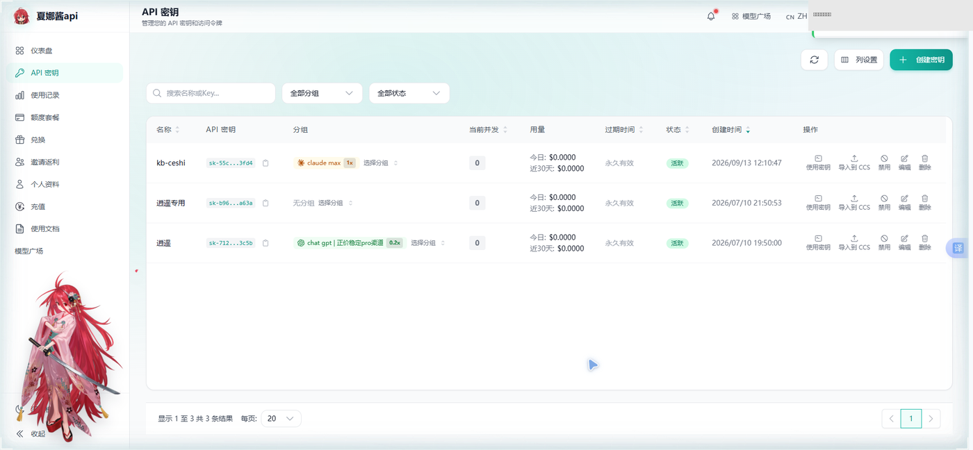 控制台 API 密钥列表页：三把 Key 分属不同分组